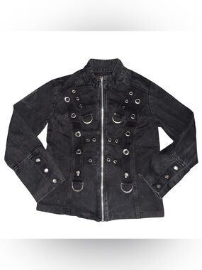 Tripp NYC Heavy Metal Goth Psycho Skulls Black Denim Jacket Medium Vintage